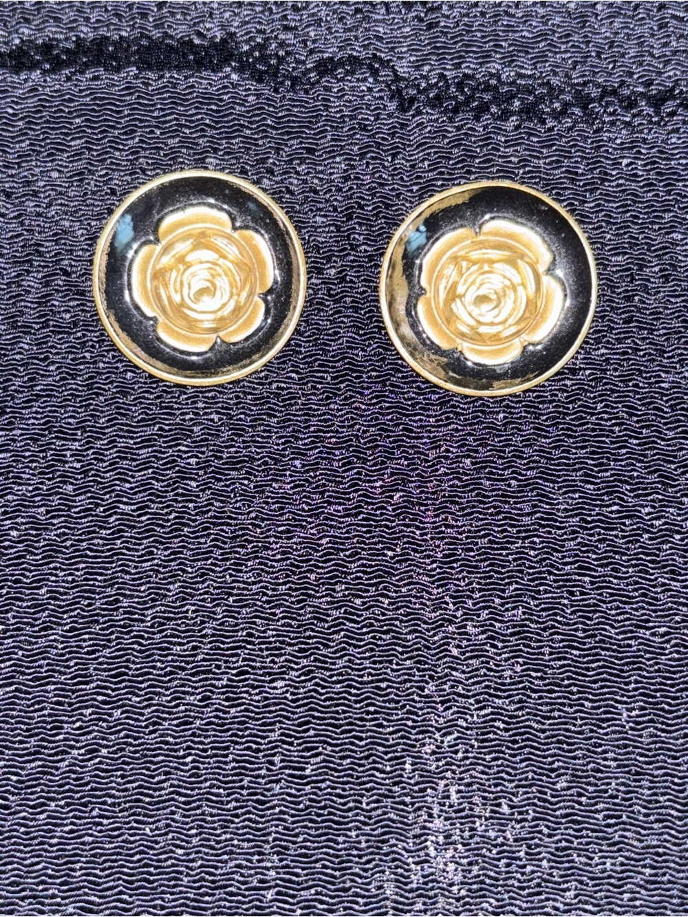 Vintage Gold Rose Accent Black Enamel Clip on earrings